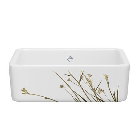 ROHL 30 Lancaster Single Bowl Farmhouse Apron Front Fireclay Kitchen Sink With Wild Grass Design RC3018WHWGGO